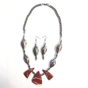 Handmade Red Jasper Stone Vintage Statement  Necklace and Earring Set
